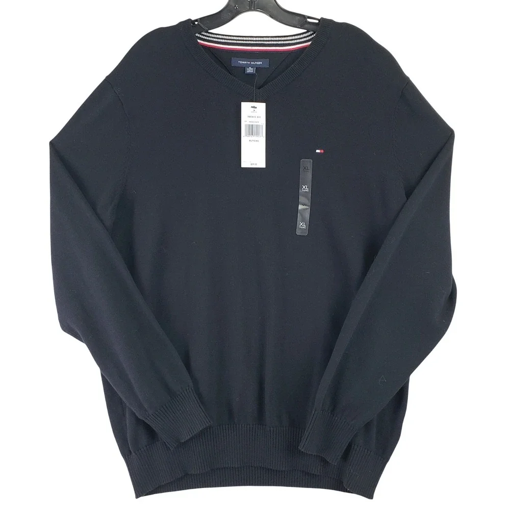 Tommy Hilfiger V-Neck Sweater Mens XL Black Preppy Classic Knit NWT